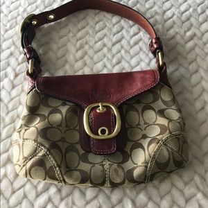 Canvas and burgundy leather Coach purse